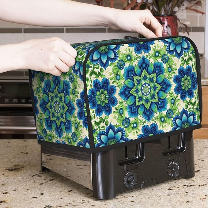 Green Blue Batik Toaster Cover 2 Slice, Cute Rural Bread Machine Cover, Washable Dust-Proof Cover for Kitchen Small Appliance Cover,with Top Handle