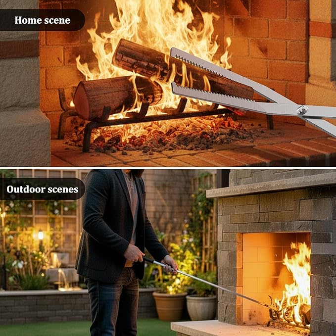 Heavy Duty Fire Tongs Firewood Grabber Tool with Scissor Shape Serrated, Bonfire, Campfire Fire Pit Log Claw Tongs (Silver)