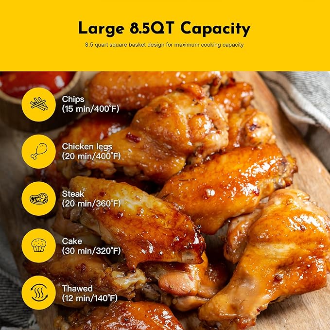 8.5QT Air Fryer, Upgraded Family Size Capacity, Square Basket Dials Stainless Steel Air Fryers, Reheat Leftovers, Easy Cooking for Healthier Breakfast & Dinner in Minutes, Gift Box Included