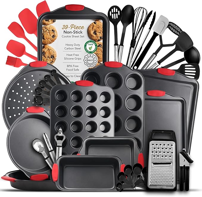 Baking Pan Set, 39 Piece Premium Baking Set, Nonstick Bakeware Sets BPA Free, Cookie Sheets for Baking Nonstick Set, Steel Baking Sheets for Oven with Muffin Pan, Cake Pan & Black Kitchen Utensils
