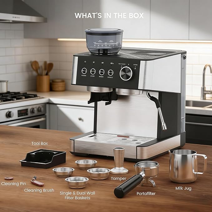 Kndko Espresso Machine, 20Bar Italian Pump & Commercial Steam Wand for Barista-Quality Coffee | Easy to Use with PID Control & Guided Tutorial | All-in-One Kit, Compact Stainless Steel Design