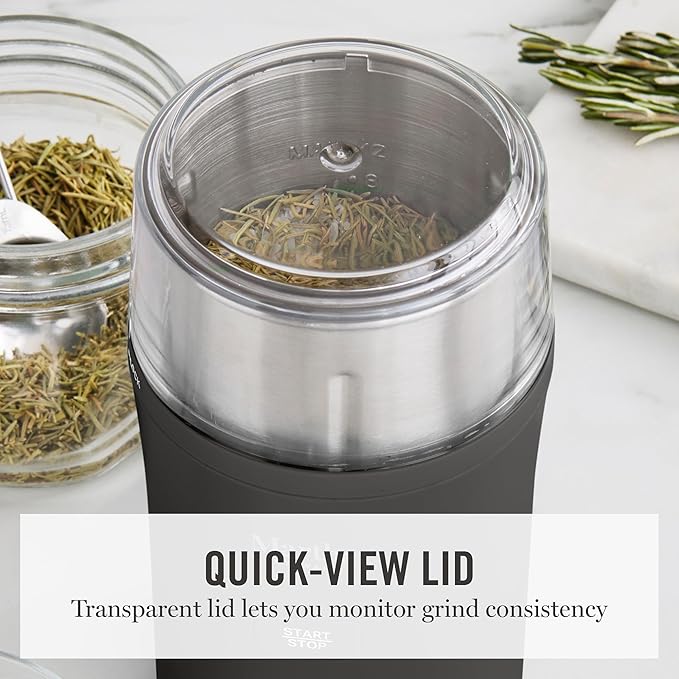 Martha Stewart Electric Coffee & Spice Grinder, Dual 2.5oz Removable Bowls, Storage Lids, Stainless Steel Blades, One Touch Pulse Control, 2-in-1 Compact, Beans & Spices, Herbs & Nuts, Caviar Gray