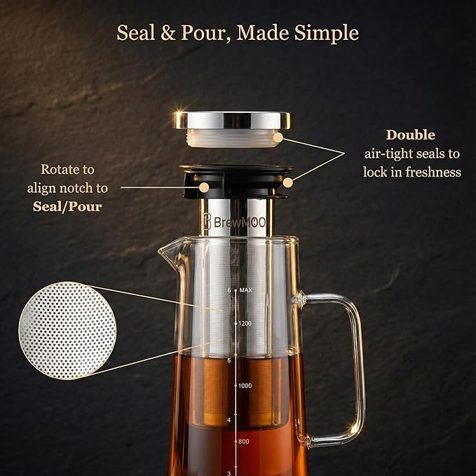 Cold Brew Coffee Maker Pitcher, 1.4L/48Oz Airtight Borosilicate Glass Carafe with 150 Mesh Precision Filter | Barista Grade Iced Coffee Maker, Integrated Glass Handle & Non Slip Base (Grey)