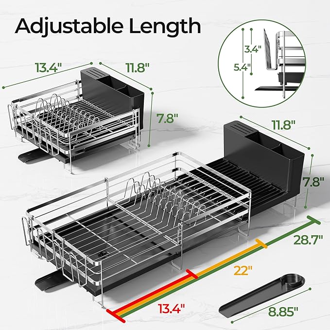 Large Dish Drying Rack, Expandable Dish Rack, Stainless Steel Anti-Rust Dish Racks for Kitchen Counter, Multifunctional Dish Drainer with Utensil Holder & Cup Holder, 13.4"-28.7" L x 11.8" W