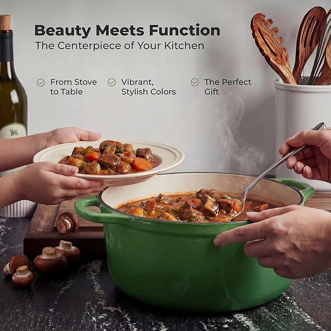 Zulay Kitchen 6 Quart Enameled Cast Iron Dutch Oven Pot with Lid – Premium Durability & Oven Safe up to 500°F – Heavy Duty Cookware Perfect for Bread Baking, Stews, Braising & Roasting - Green