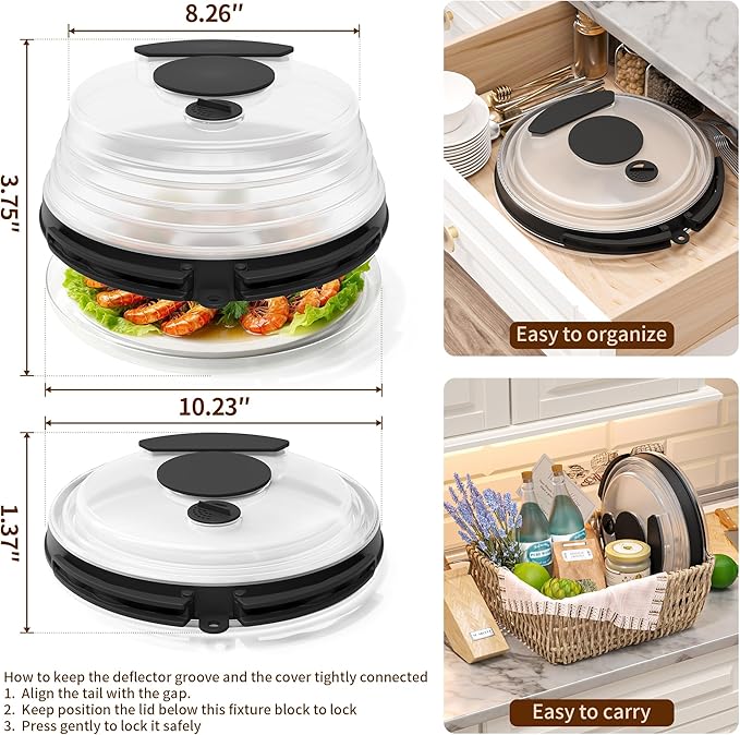 10 inch Microwave Splatter Cover for Food with Water Steamer, Collapsible Plastic & Silicone Microwave Plate Cover with Handle and Anti-Scald Base Plate, Kitchen Cooking Guard, Black