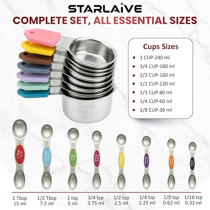 Measuring Cups and Spoons Set 16-Piece – Multicolor Kitchen Measuring Set with Easy-Read Markings, Durable Cups & Spoons for Baking and Cooking