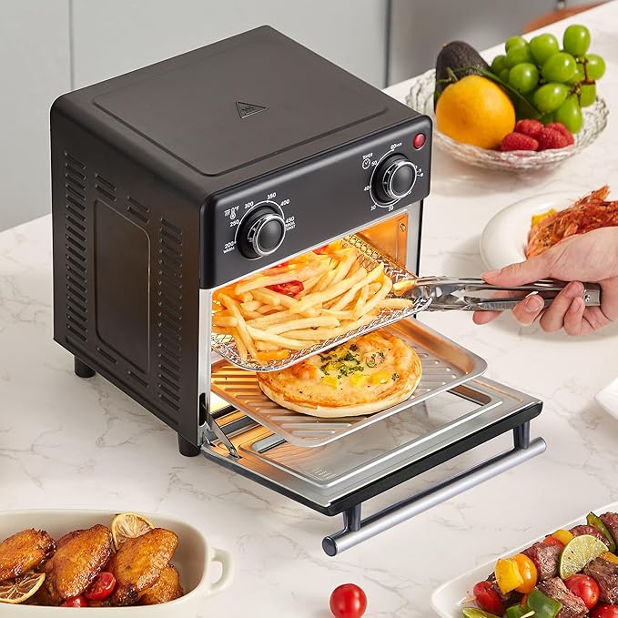 Elite Gourmet Compact 8.5Qt Air Fryer Oven – Mini Countertop Air Fryer with Adjustable Time & Temperature Controls, 800W, Includes Air Fry Basket, Bake Pan & Recipes, Black
