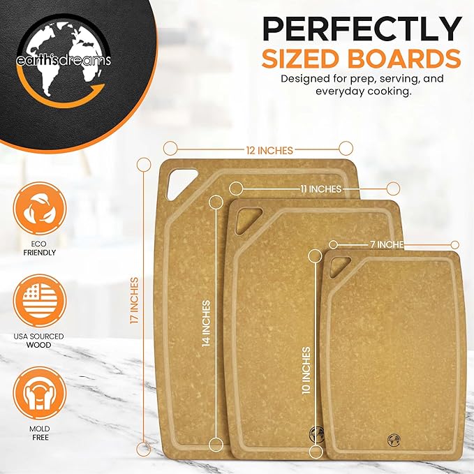 Composite Wood Cutting Board Set of 3 – Dishwasher Safe, Non-Toxic & Plastic-Free Cutting Boards for Kitchen – Large, Medium & Small Non-Slip Wood Charcuterie & Chopping Boards (Tan/Juice)