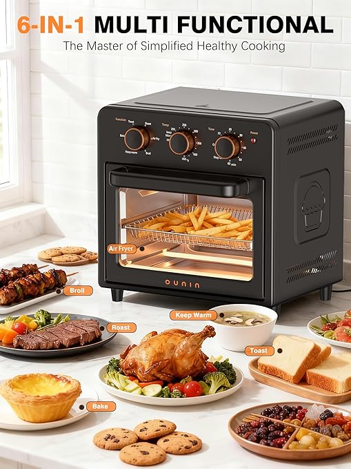 OUNIN Air Fryer & Toaster Oven with Steam Infusion, 12L Compact, Countertop Friendly, Fast Preheat with Bake, Convection Bake, Grill, Broil and Warm Options, 60-Minute Timer, Stainless Steel