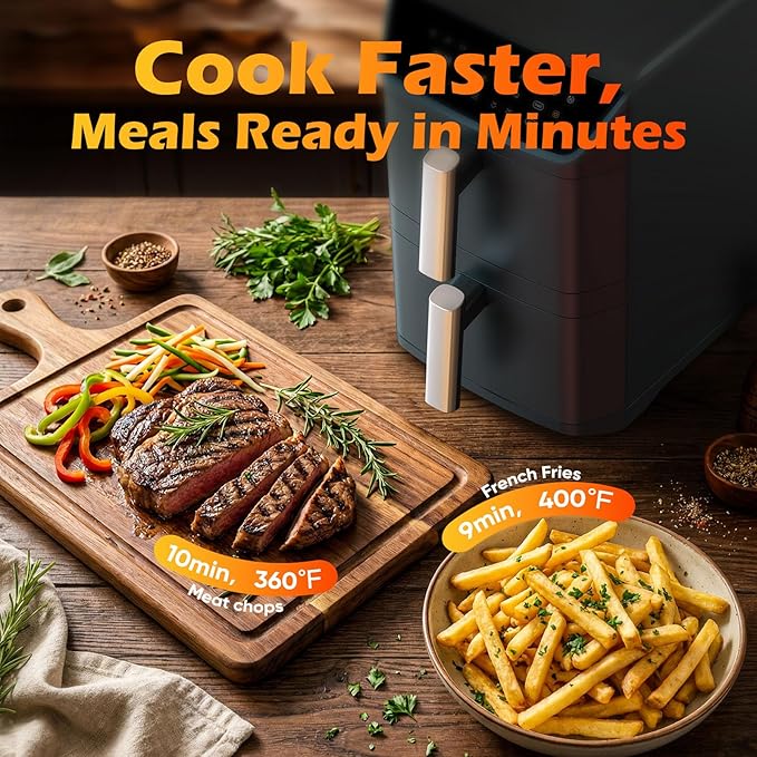 Dual Basket Air Fryer, 12.6QT Family-Size for 10–12 People, XL Basket for 6LB Whole Chicken, DoubleStack Compact Design, 10-in-1 Functions with Reheat, Dehydrate & SyncFinish, Dishwasher-Safe, Gray