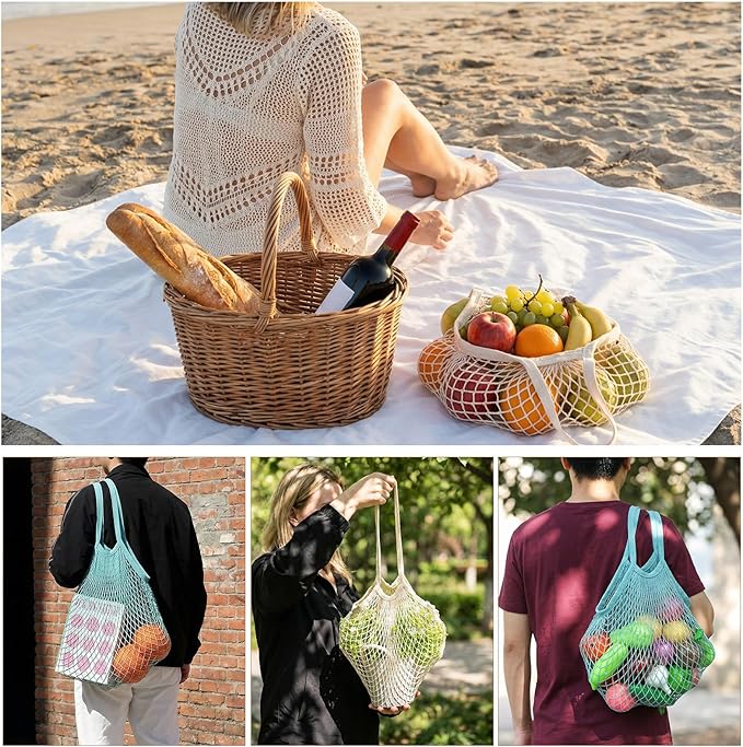 Thinp 2 Pcs Cotton Mesh Produce Bags, Reusable Mesh Grocery Bag with Long Handle Net Tote Cotton String Shopping Bag for Fruit Vegetables Market Shopping