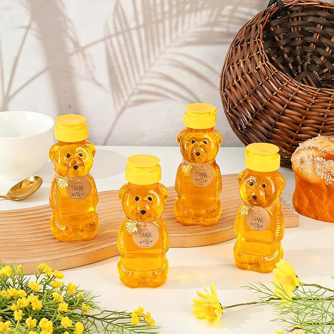 8oz Plastic Honey Bear Bottle Mini Honey Jars Party Favors Small Honey Bear Bottles with Lids Bear Shape Clear Empty Honey Jar with Screw Yellow Lid 50 Tags 2 Rolls Jute Rope (36-set)