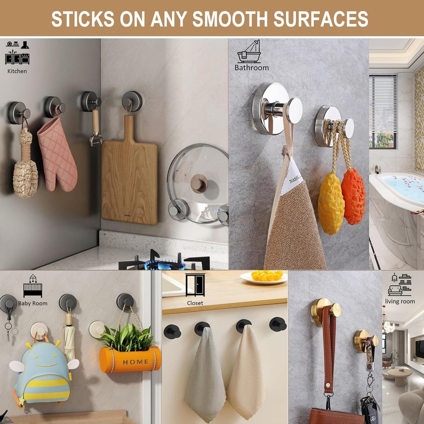 ZESLMG Suction Cup Hooks for Shower Wall, Door Wreaths, Removable Inside Shower Towel Hooks for Bathroom Window Glass Kitchen- Bath Robe Loofah Suction Hooks for Hanging More Surfaces (Chrome, 2 Pack)