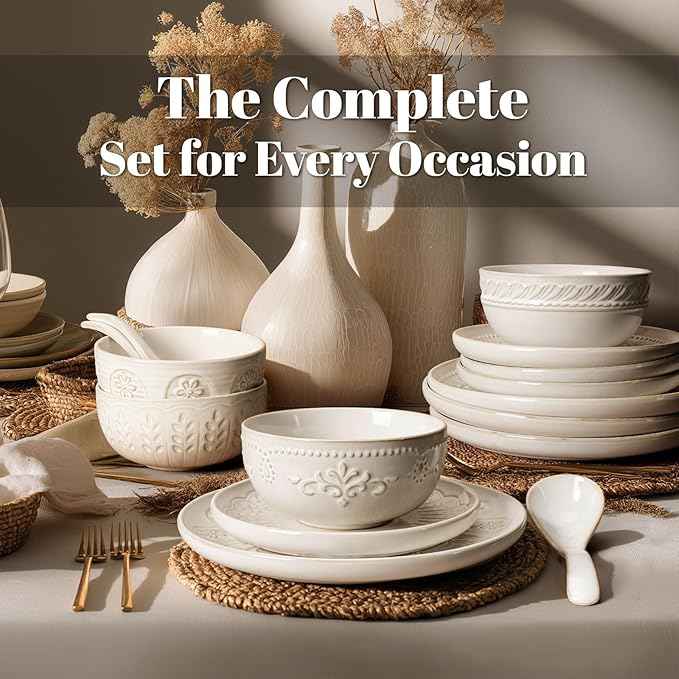 Artena Plates And Bowls Sets, 16 Pieces Dinnerware Sets, Dish Set For 4, Ceramic Kitchen Bowl And Plate Set, Embossed White Dishware Sets, Dishwasher & Microwave Safe (Multiple Patterns)