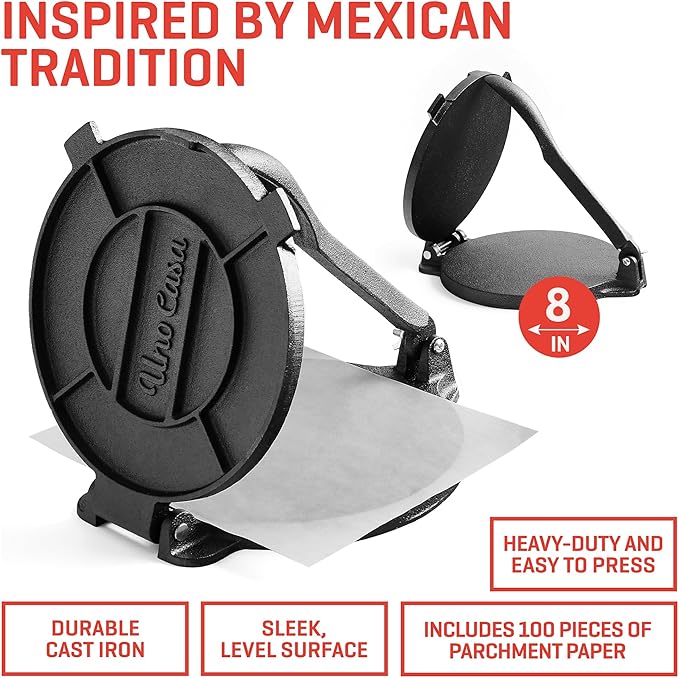 Uno Casa Cast Iron Tortilla Press 8 Inch with Tortilla Warmer - Bundle of Pre-seasoned Quesadilla, Roti and Pataconera Maker With Taco Shell Warmer including 100 Pcs Parchment Paper