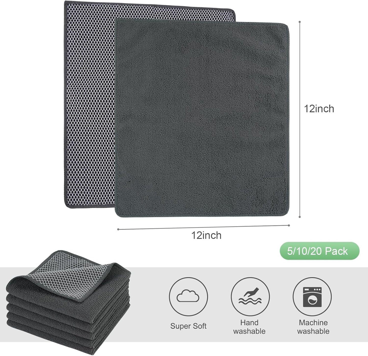 SINLAND Microfiber Dish Cloths Wash Clothes for Kitchen Best Kitchen Cloths Cleaning Cloth Poly Scour Side 12"x12" (5Pack, Dark Grey)