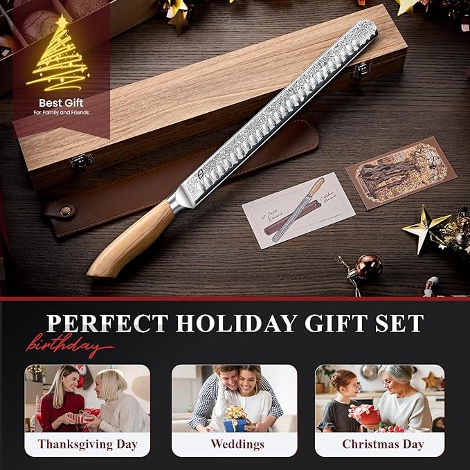 Emojoy Damascus Brisket Slicing Knife, 12" Carving Knife with Japanese Steel, Olive Wood Handle, Luxury Wooden Gift Box, Razor Sharp for Meat & Turkey
