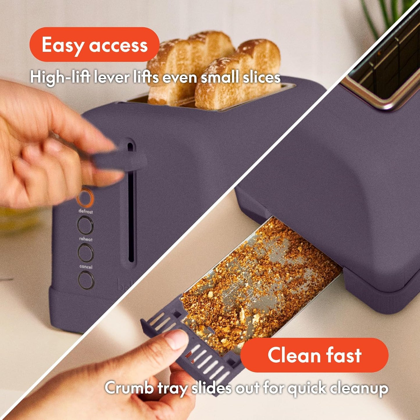 bella 2 Slice Toaster, 6 Setting Shade Control w Reheat, Cancel, Bagel & Defrost Buttons, Removable Crumb Tray, Anti Jam & Auto Shutoff, Auto Centering Guides & Cord Wrap, 900 Watt, Plum