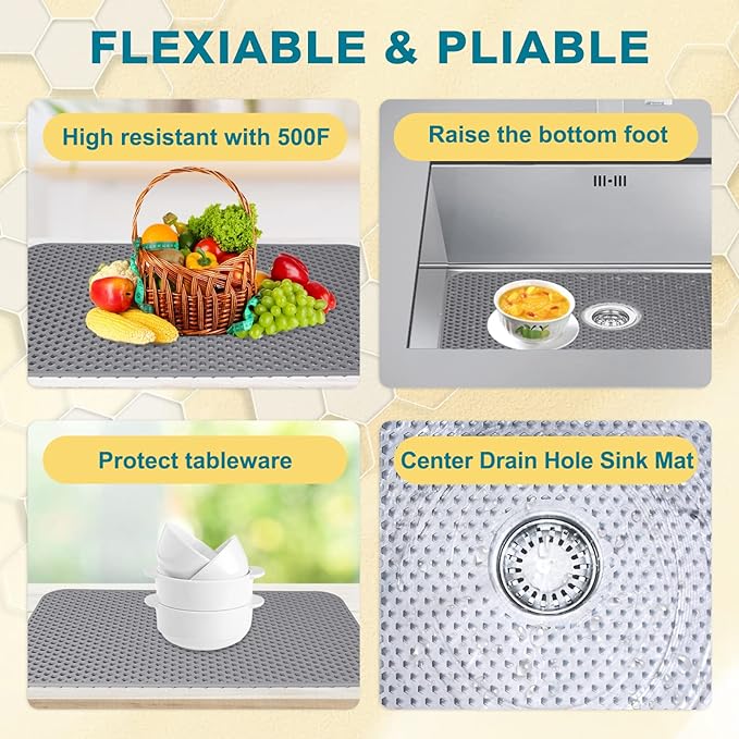 Bestjing Silicone Sink Protectors for Kitchen Sink with Center Drain, 26'' x 14'' Kitchen Protector Accessory, Non-Slip Grid Mat for Bottom of Farmhouse Porcelain Stainless Steel (Center Hole)