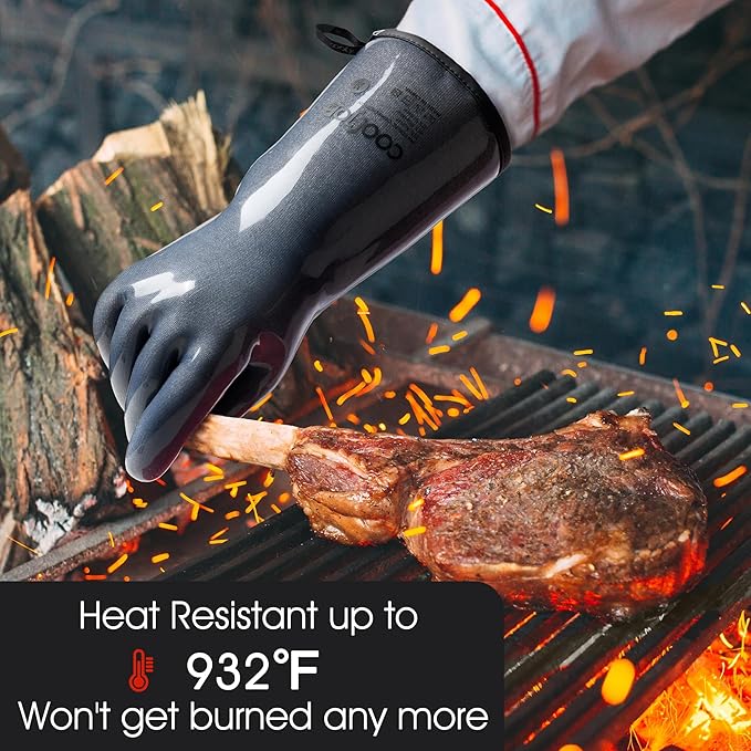 COOLJOB Heat Resistant Oven Gloves, Waterproof Liquid Silicone BBQ Grilling Gloves for Barbecue, Kitchen Cleaning, Baking, Food Contact, Black, XL