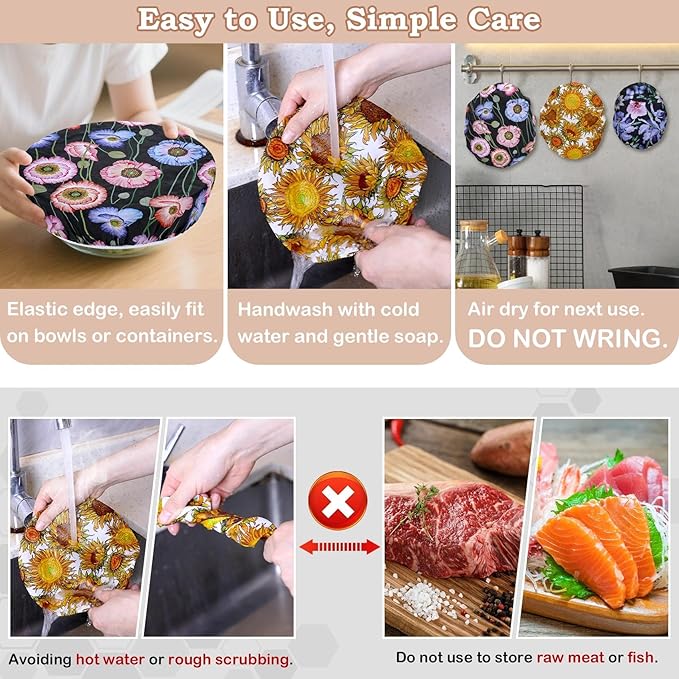 5-Size Reusable Beeswax Bowl Covers for Bread Proofing, Cotton Cloth Flexible Beeswax Wraps for Food Storage(Protea Floral)