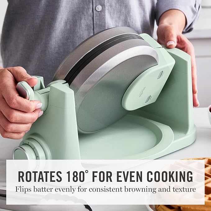 Martha Stewart Rotating Waffle Maker, 180° Flip Iron with PFAS-Free Nonstick Plates, Adjustable Timer, Ready Light, Drip Tray, Space Saving, Classic Round 7”, Easy to Clean, Stainless Steel, Honeydew