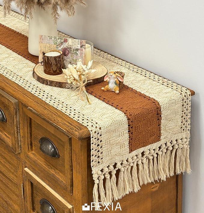 FEXIA Boho Table Runner 48 Inches Long Thanksgiving Decor with Tassels Farmhouse Style for Party Wedding Baby Bridal Shower Dining Decor Middle Brown (12x48 Inches)