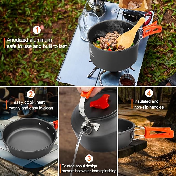 THTYBROS 17pcs Camping Cookware Kit, 0.45Gal Pot, 7inches Pan,0.30Gal Kettle Set with 2 Set Stainless Steel Cups Plates Forks Knives Spoons for Hiking