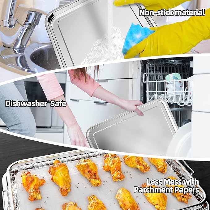 3 Set Air Fryer Basket, Air Fryer Pans and Tray for Oven with 90 PCS Parchment Papers, DEGOVIN Non-stick Stainless Steel Oven Air Fryer Basket and Tray-18.8" x 12.8" &14.88"×10.98"&12.8" x 8.9"