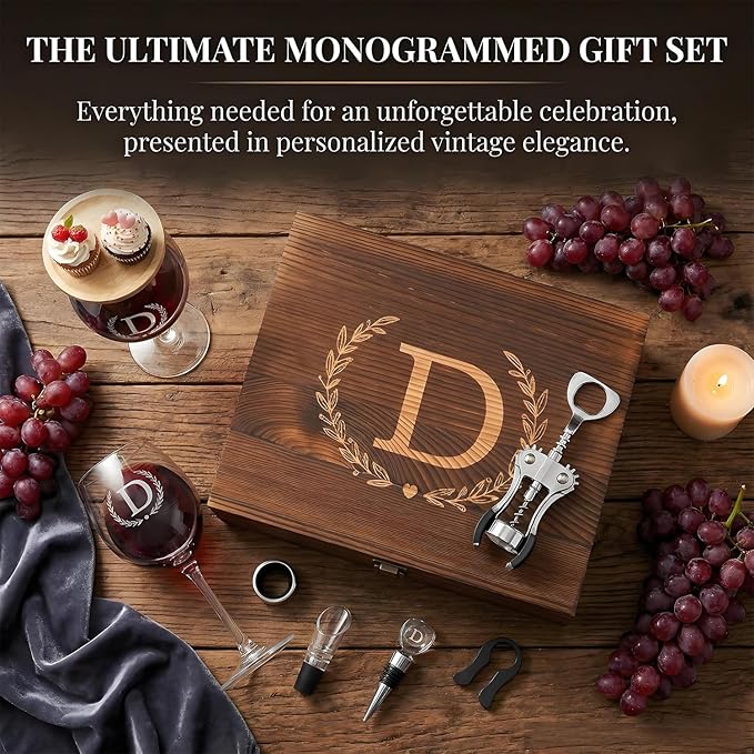 GZLDGIFTS Personalized Initial Wine Glasses Box Gift Set For Women Mom Engraved Birthday Monogrammed Wooden Christmas Gifts Wedding Anniversary Wine Couples Stopper Opener Initial Letterr (N Set)