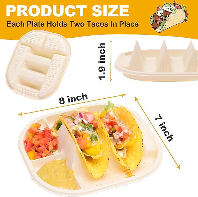 Small Disposable Taco Plates With Dipping Sides - 150 Pack, Biodegradable Cornstarch Taco Holder, Mini Size Fit 4-6 Inch Street Tortilla Shells, Sturdy & Microwave Safe, Bar Serving Set For A Party