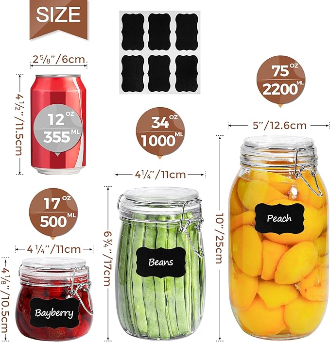ComSaf 6-Pack 17oz Short Glass Jars for Drawers, Small Airtight Food Canisters for Spices, Nuts & Kids Snacks, Pint Sized Canning Jar Set for Jams, Pickles & Pantry Organization