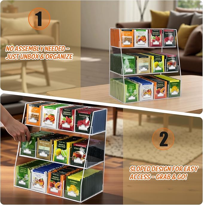 Acrylic Tea Bag Organizer - 3 Tier Clear Tea Bag Holder & Storage Rack, Modern Tea Organizer for Countertop, Cabinet, No Assembly Required Tea Bar Accessories (Holds 200+ Tea Packets)
