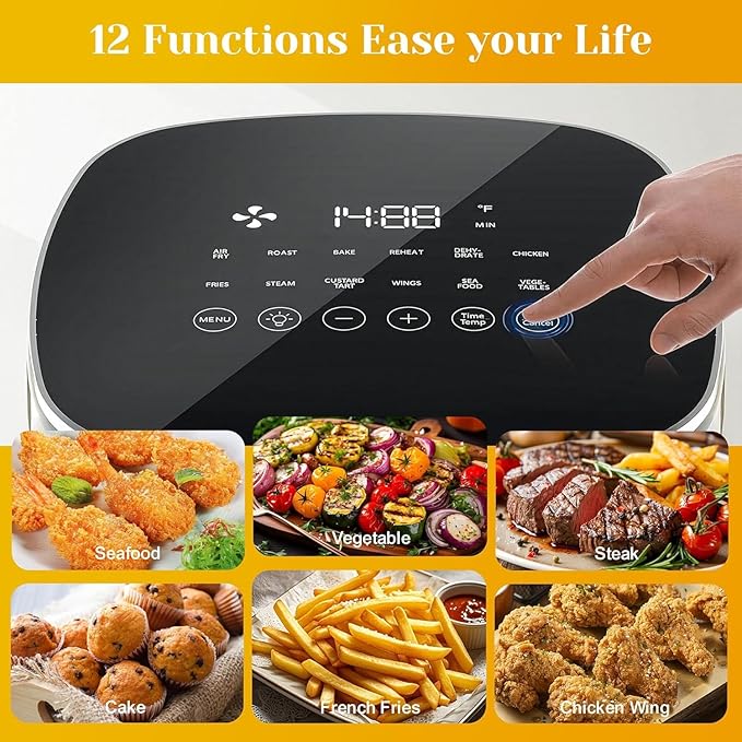 6-Quart Square Air Fryer with Viewing Window – 12-in-1 Multi-Function Appliance for Frying, Roasting, Baking, Steaming & Dehydrating, 400°F Maximum Temperature, Beige