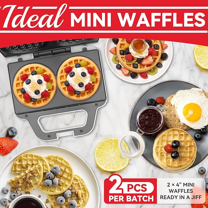 SugarWhisk 4 Inch Double Mini Waffle Maker Machine, Chaffle Maker, Waflera Electrica, Small Waffle Iron for Waffles, Keto Chaffles, Hash Browns, Cookies, Non-stick Plates