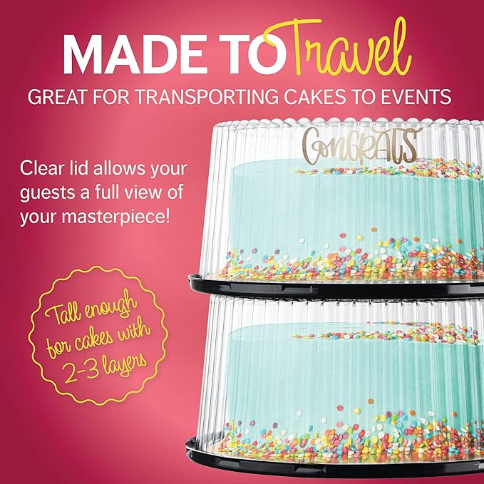 10-11" Plastic Disposable Cake Containers Carriers with Dome Lids and Cake Boards | 3 Round Cake Carriers for Transport | Clear Bundt Cake Boxes/Cover | 2-3 Layer Cake Holder Display Containers