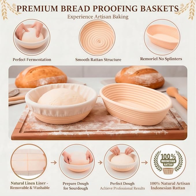 Sourdough Starter Kit with Glass Starter Jar & Banneton Bread Proofing Basket, Complete Sourdough Bread Baking Supplies and Tools for Home Bakers, Gift Sourdough Kit for Baking Lovers