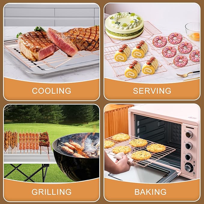 Cooling Rack for Baking 3 Tiers, 16" x 10" Cookie Cooling Wire Rack Stackable Collapsible Nonstick, Stainless Steel Baking Cooking Cooling Racks with Optimum Air Flow, Rose Gold