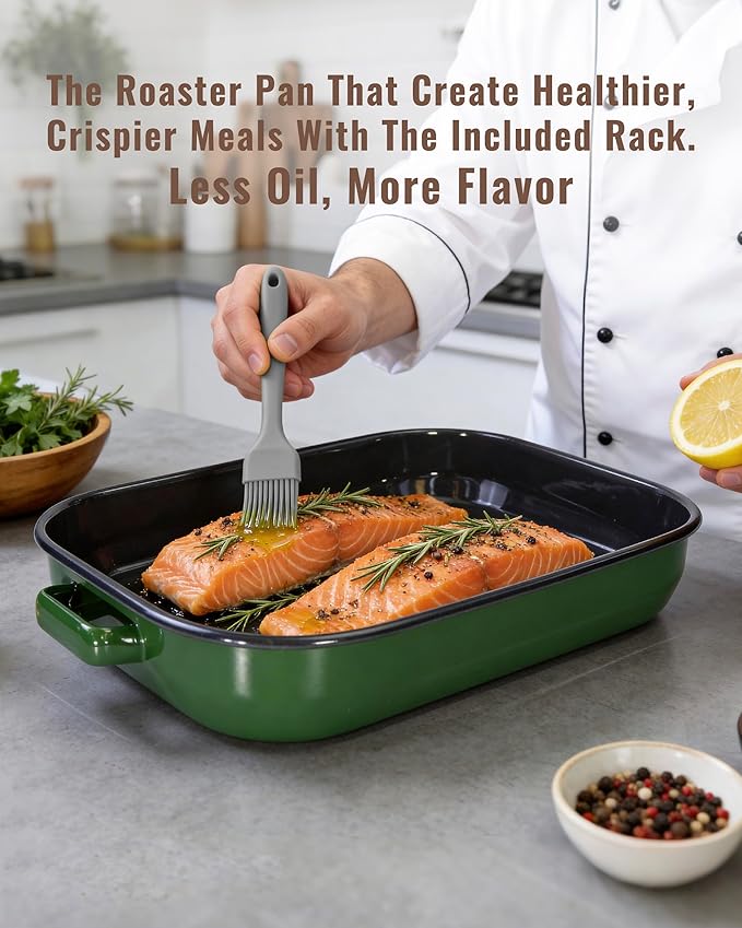 Roasting Pan with Rack & Handles 6-Piece Large 14&17 Inch Roaster Dishes, 572°F High Temperature Resistance Oven Dishwasher Safe Non-Stick Deep Lasagna Baking Pan Mother Day Gift Enamel Bakeware