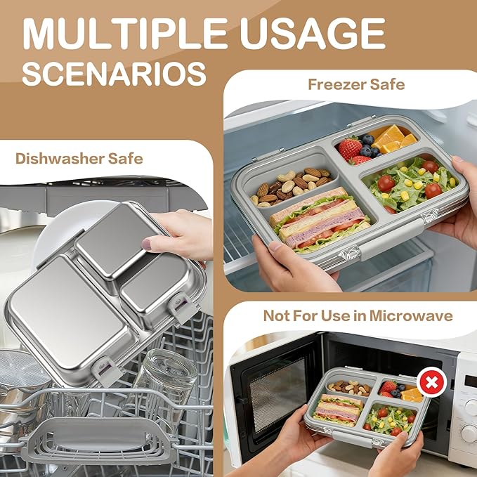 BABHAMNESS Stainless Steel Bento Lunch Box for Kids Adults, 3 Compartments Metal Bento Box with Transparent Lid & Silicone Container for Kids,Dishwasher-Safe,School & Travel,BPA-Free(Grey)