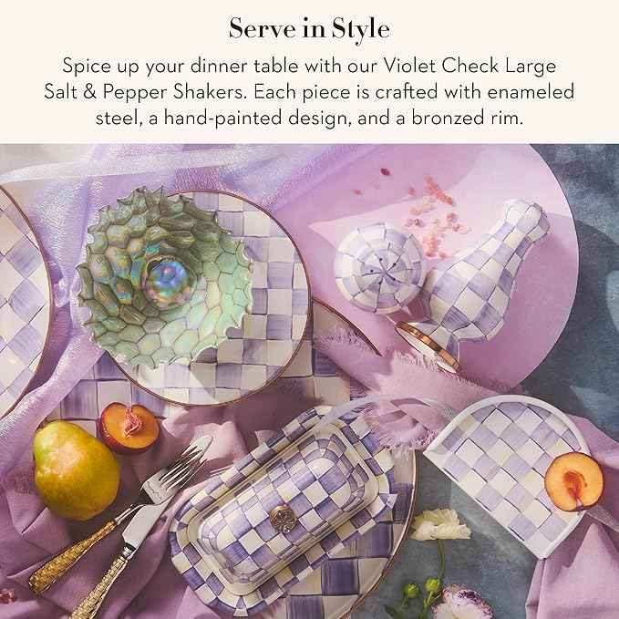 MACKENZIE-CHILDS Enamel Salt and Pepper Shakers, Kitchen Table Accessories, Large, Purple-and-White Violet Check