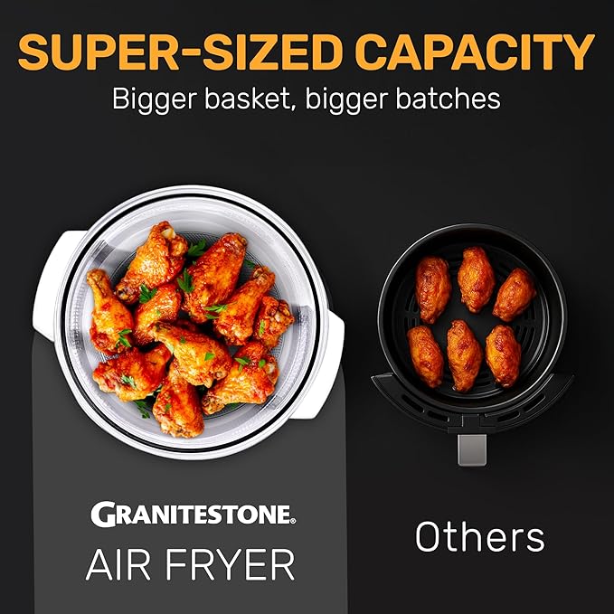 Granitestone 16Qt Large Glass Air Fryer Non Toxic – Family Sized Airfyrer Cooker with 3 Cooking Sections, Stainless Steel Racks, for French Fries, Chicken, No Preheat, Self Cleaning, Dishwasher Safe