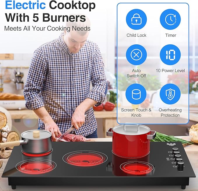 VBGK Electric Cooktop 36 inch,Built-in 36 inch Electric Cooktop 8000W Power Control by Knob, 36 induction cooktop with 9 Power Levels with Child Safety Lock, Timer,Over-Temperature 220V-240V.