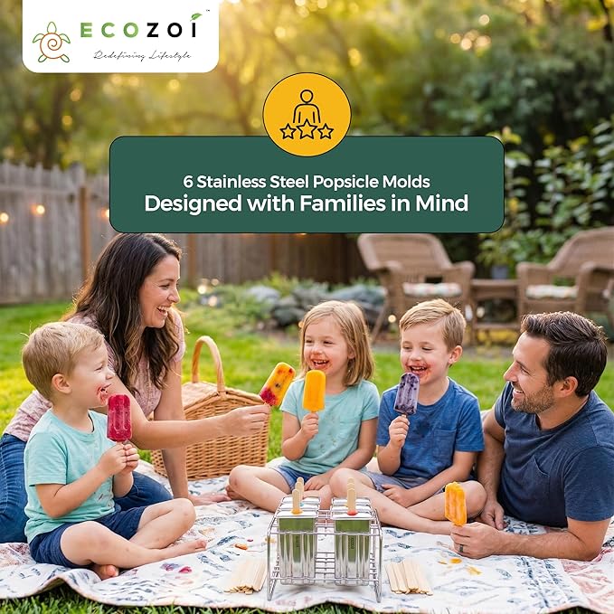 Ecozoi Stainless Steel Popsicle Molds and Rack - 6 Square Ice Pop Makers + 30 Reusable Bamboo Sticks + 12 Silicone Seals + 1 Cleaning Brush +1 Rack