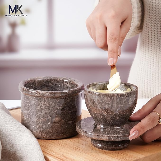 Marble Butter Keeper with Lid Oceanic 4.25 Inch, Handmade French Butter Crock with Water for Soft Butter Storage, Butter Dish for Kitchen Countertop, Butter Bell, Perfect Gift for Mother’s Day