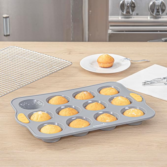 Restaurantware Silicone Baking Mold Pack of 1 Non-Stick Muffin Mold with Handles 12 Compartments, Oven-Friendly Dishwashable Freezer-Friendly Heat-Resistant Gray Silicone Cupcake Muffin Pan