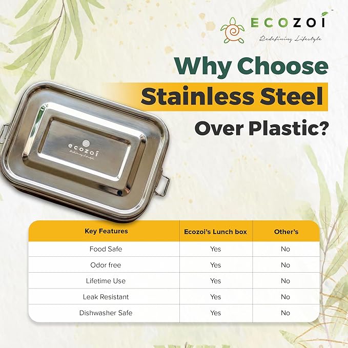 ecozoi Stainless Steel Lunch Box, Leak Proof 1 Tier Eco Metal Bento Box | Bonus Pod And Redesigned Silicone Seal | Sustainable Zero Waste Eco Friendly Food Storage Container