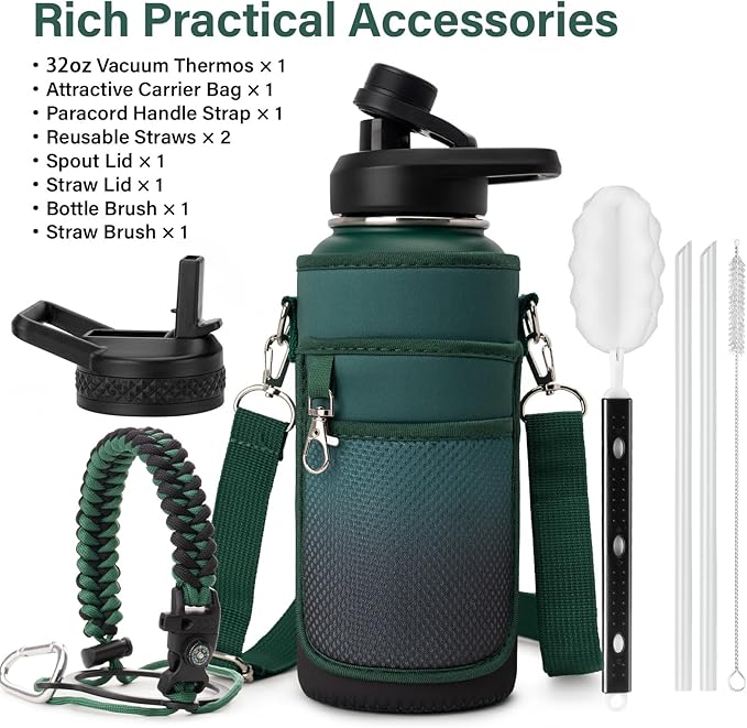 DYSANKY Insulated Water Bottle | Thickened Stainless Steel Vacuum Metal | Portable Sports Water Jug for Gym and Hiking with Straw, Carrier Bag, Handle Strap | BPA-Free 32 oz