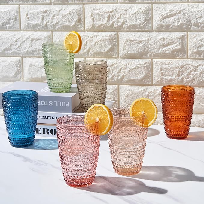 Khen Beaded Highball Tumbler Drinking Glasses Set | Set of 6 | Vintage Hobnail Bubble Design Whiskey Glassware, Old-Fashioned, Art Deco Glass for Water, Wine, Cocktail Dishwasher Safe (14.6 OZ)